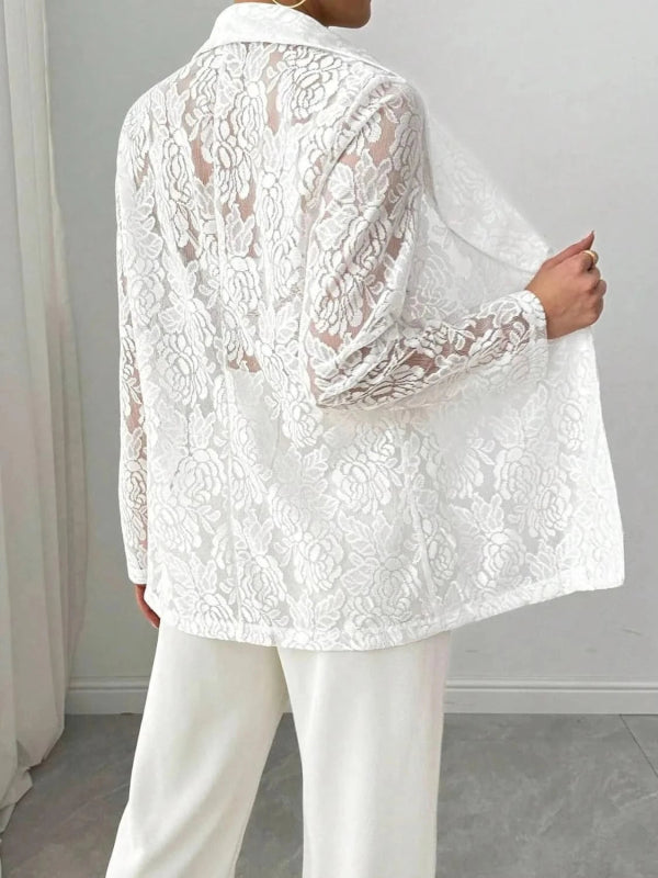 Lace Lapel Collar Long Sleeve Blazer - ShalayeFashion