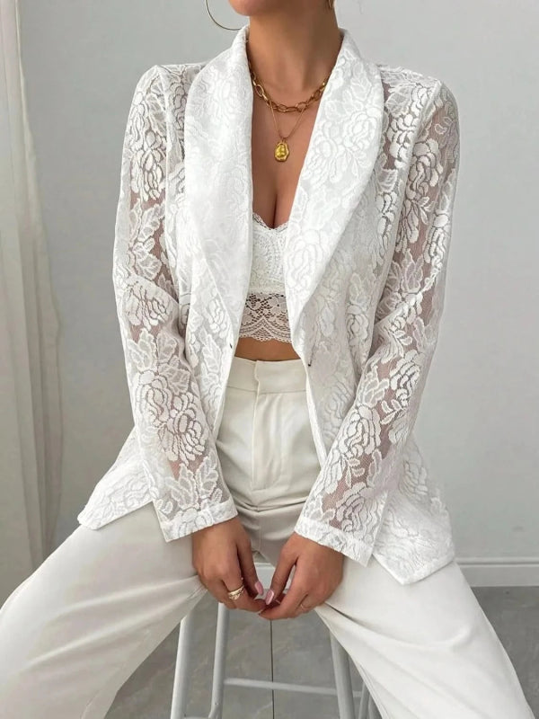 Lace Lapel Collar Long Sleeve Blazer - ShalayeFashion