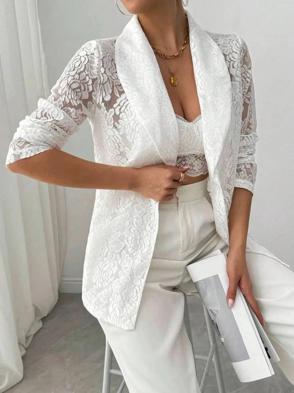 Lace Lapel Collar Long Sleeve Blazer - ShalayeFashion