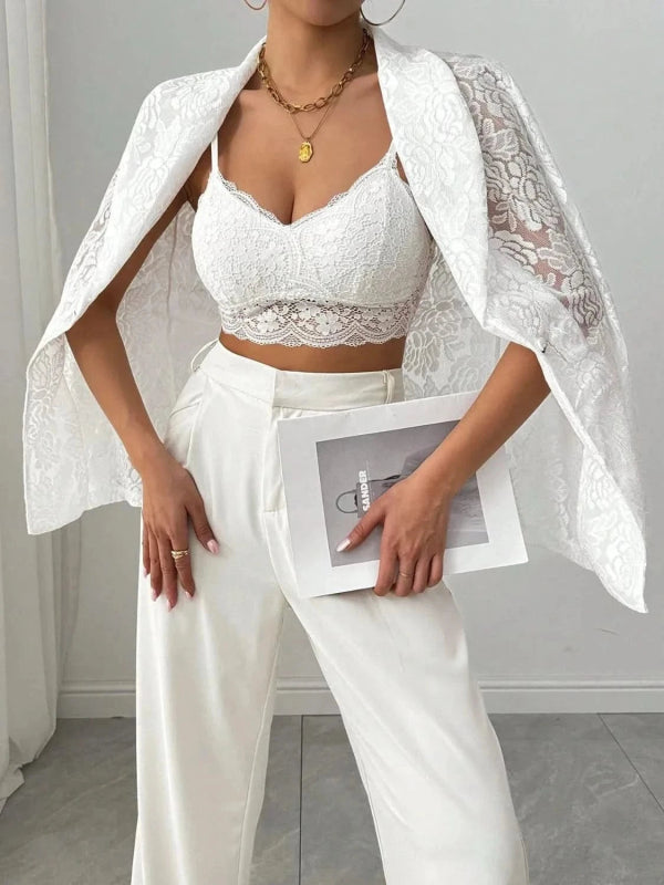 Lace Lapel Collar Long Sleeve Blazer - ShalayeFashion