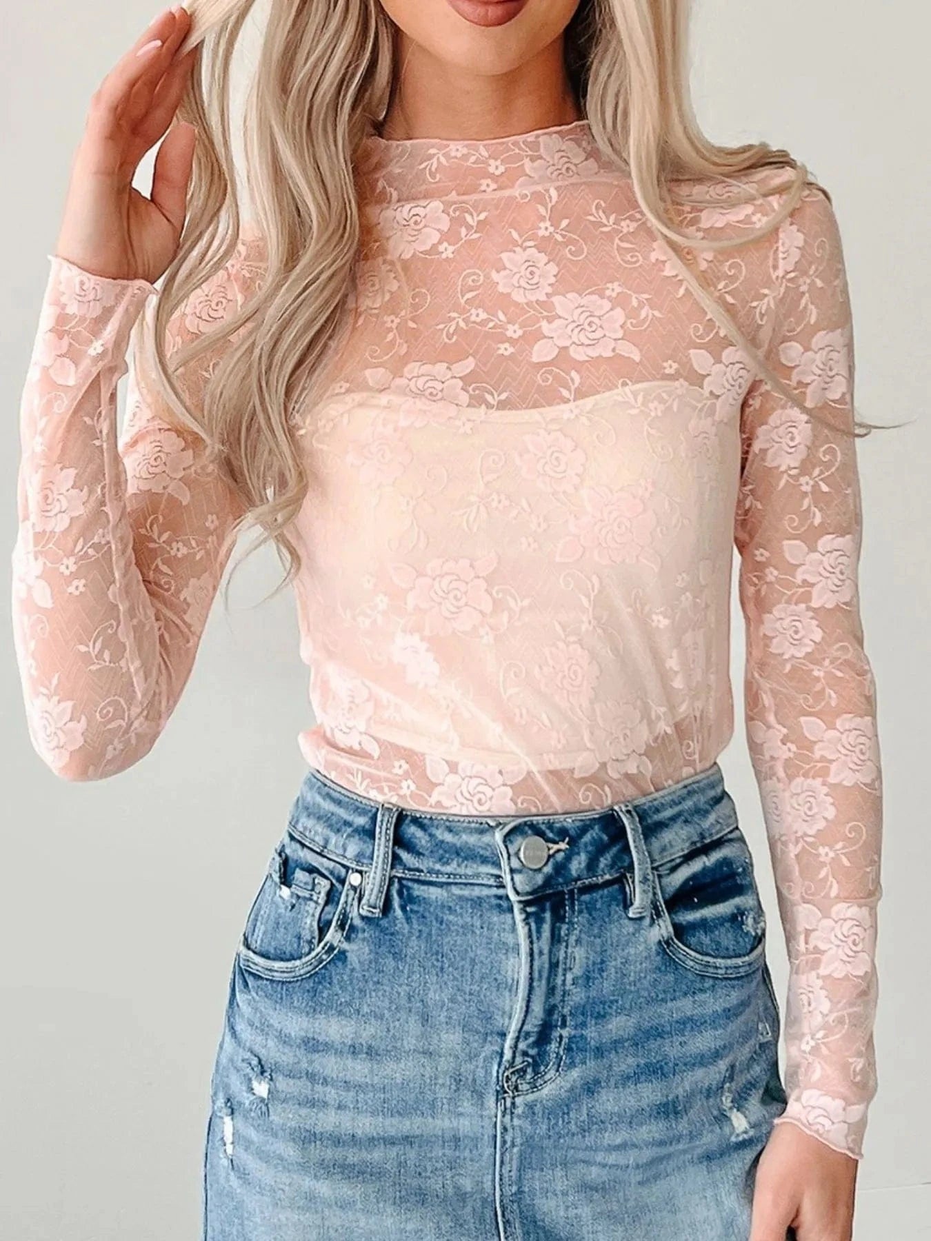 Lace Mock Neck Long Sleeve Blouse - ShalayeFashion