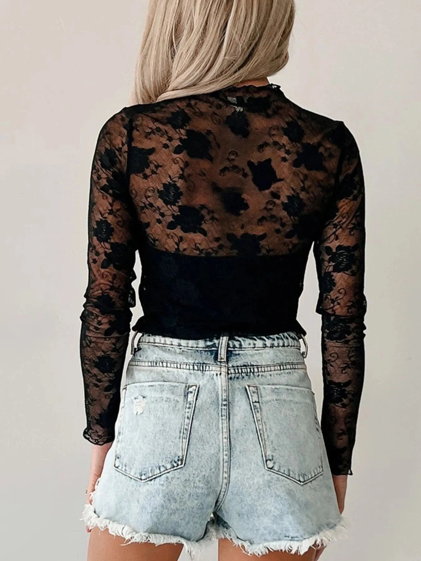 Lace Mock Neck Long Sleeve Blouse - ShalayeFashion