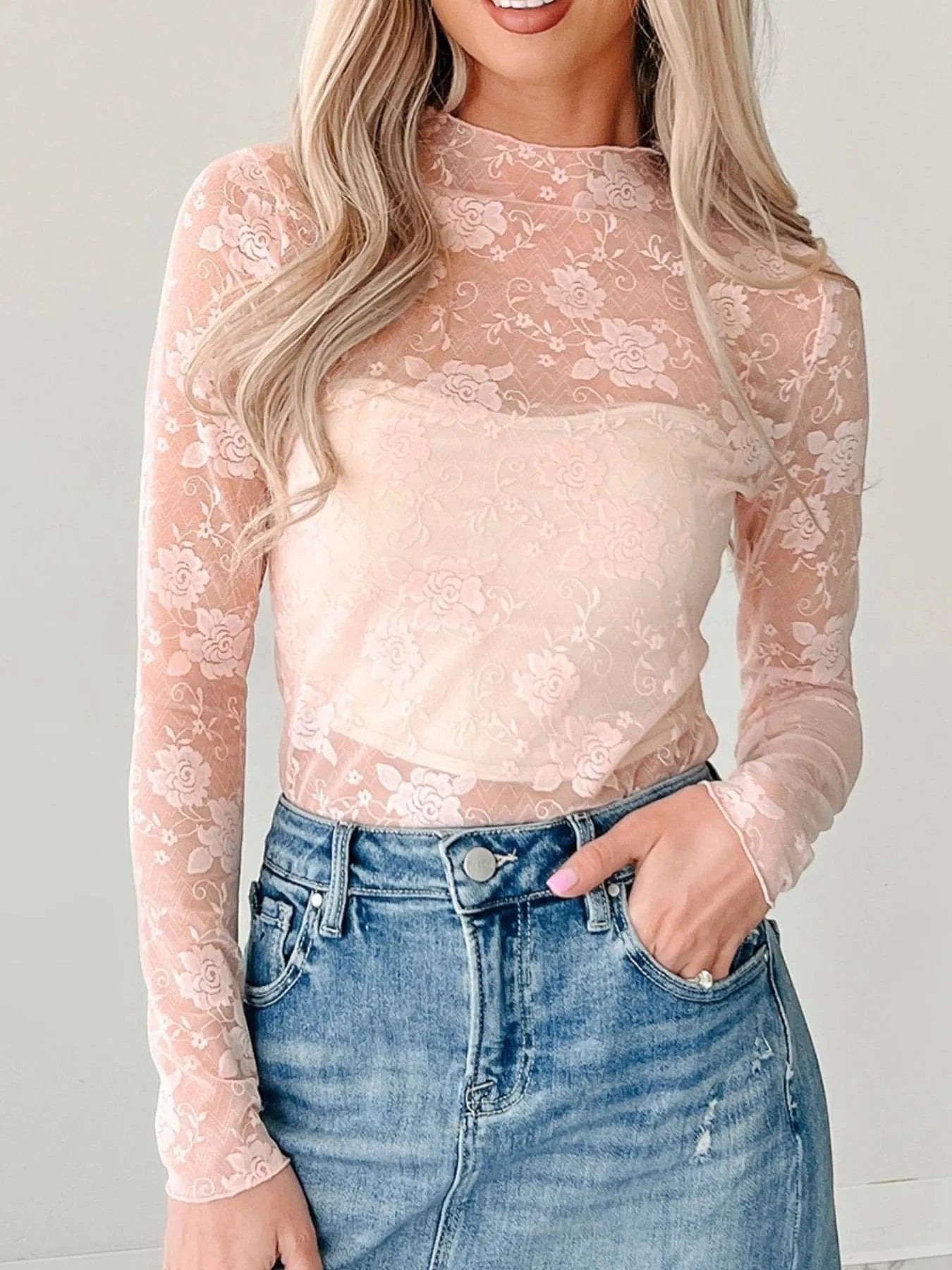 Lace Mock Neck Long Sleeve Blouse - ShalayeFashion