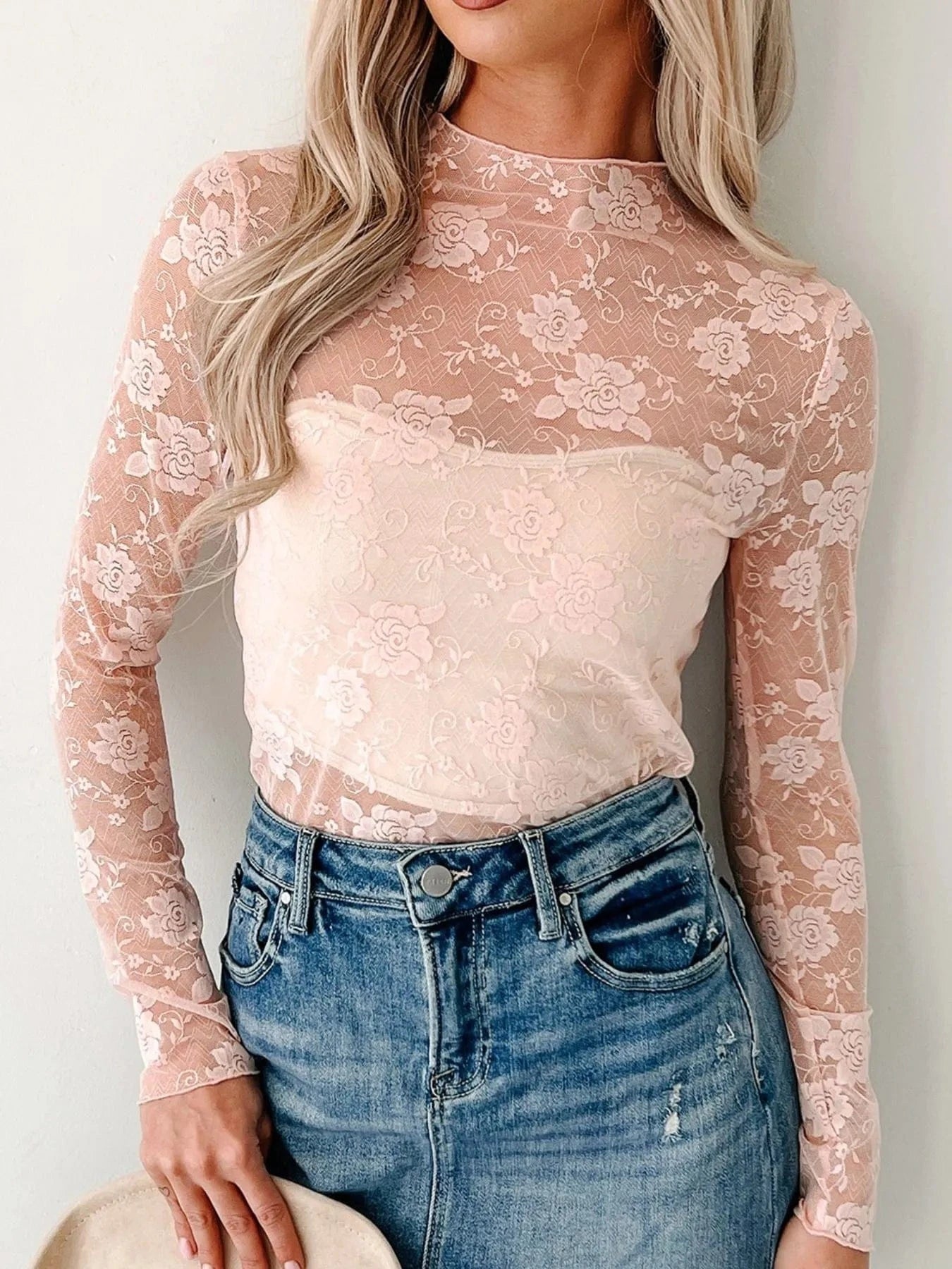 Lace Mock Neck Long Sleeve Blouse - ShalayeFashion