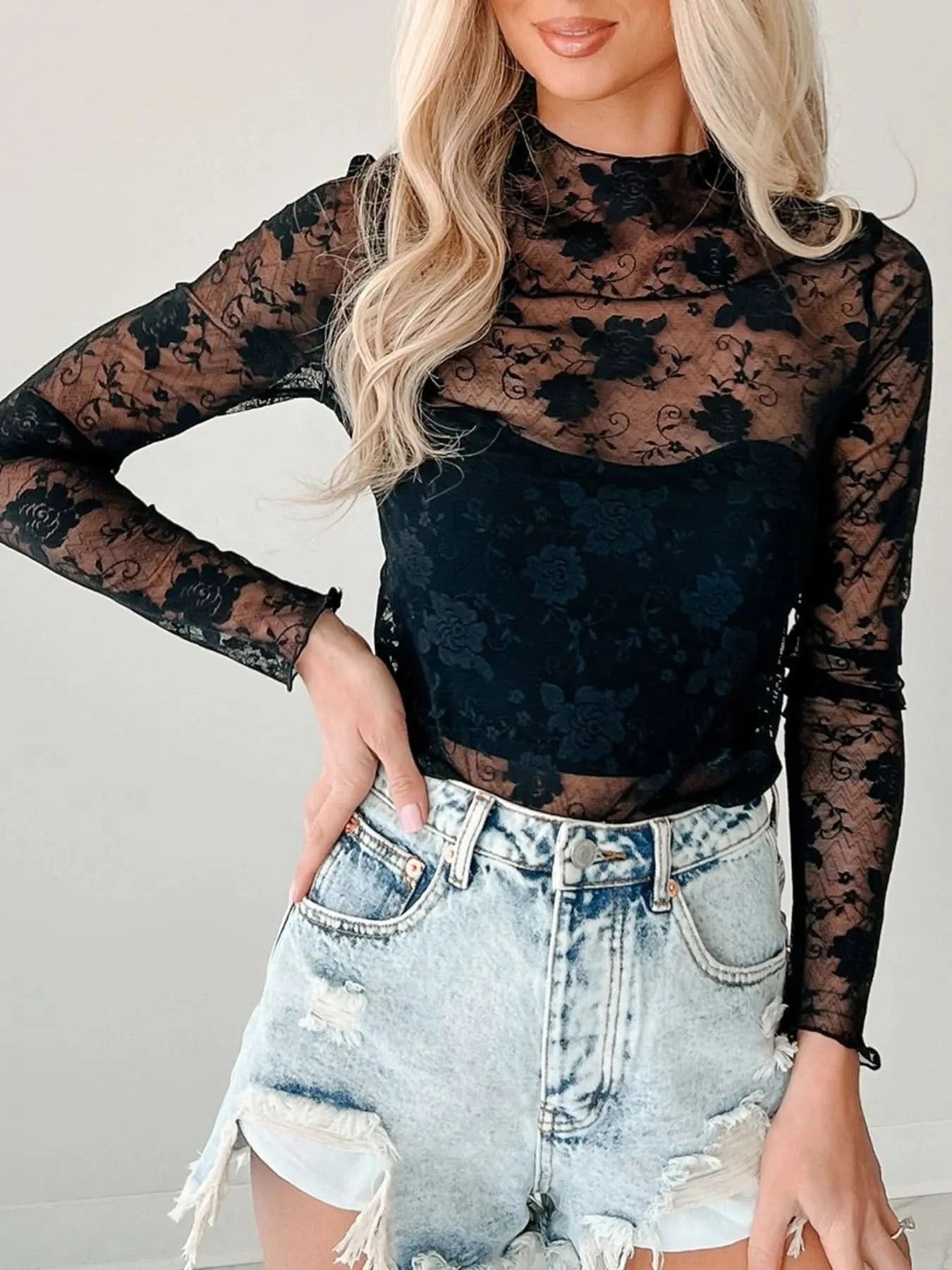Lace Mock Neck Long Sleeve Blouse - ShalayeFashion