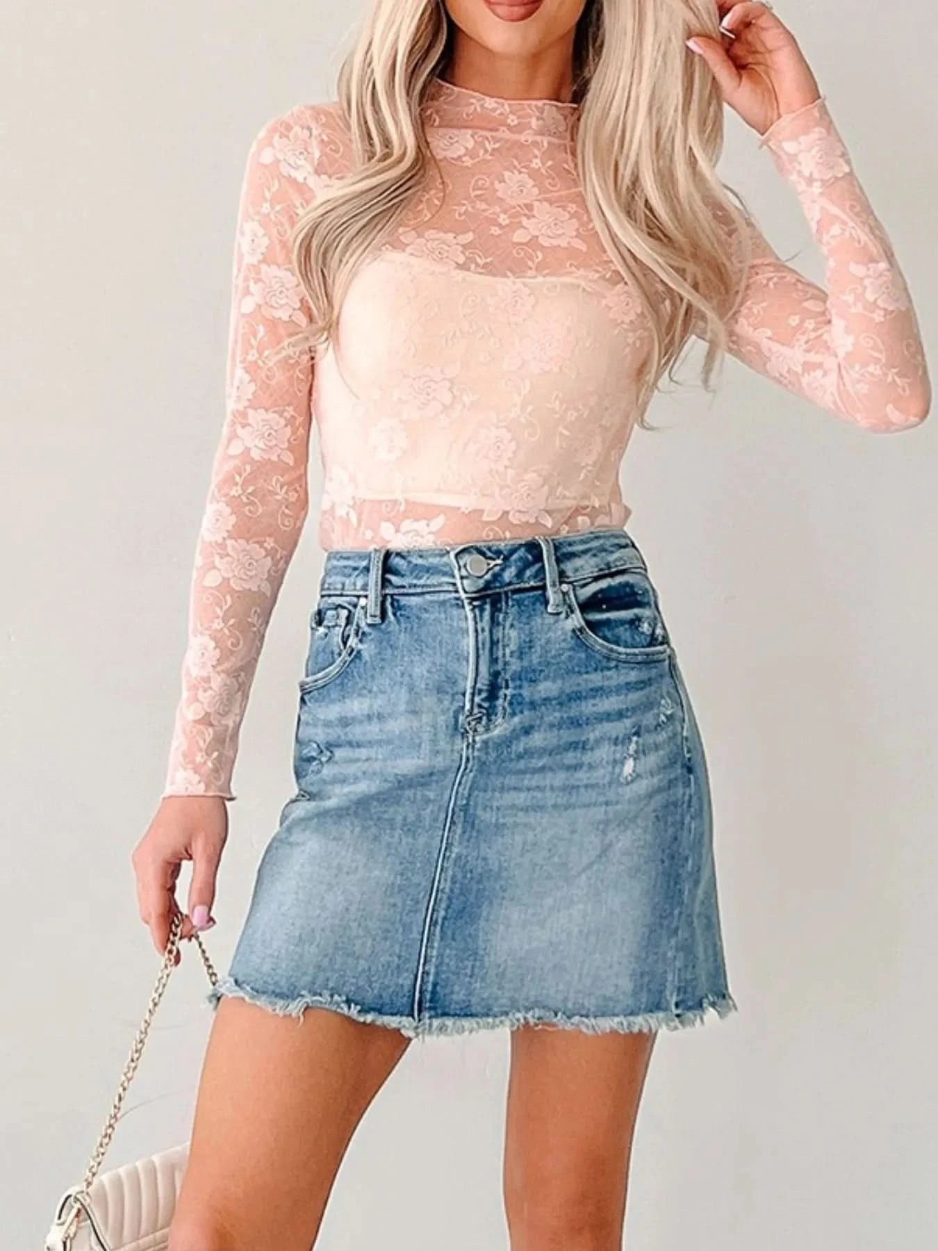 Lace Mock Neck Long Sleeve Blouse - ShalayeFashion