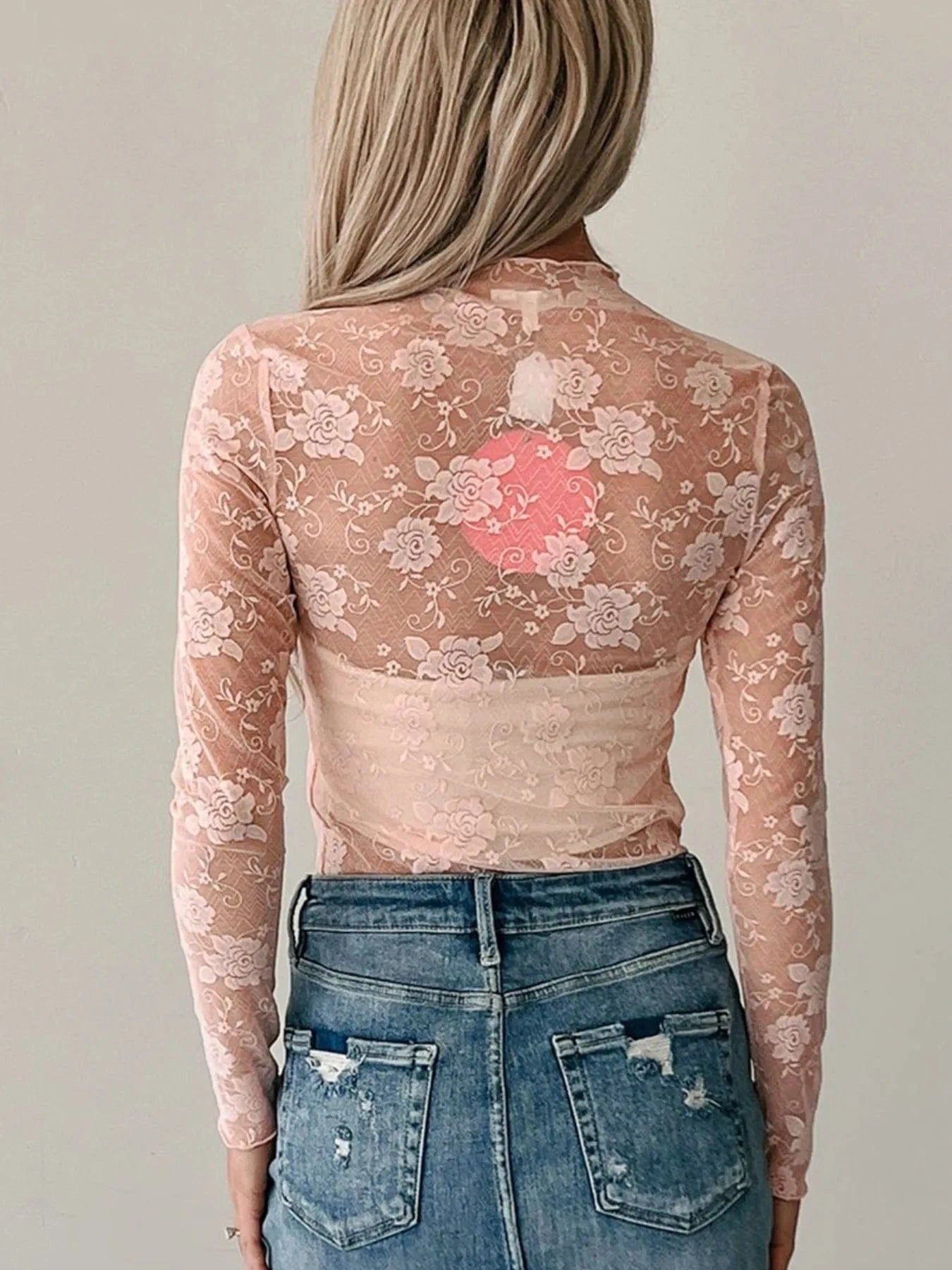 Lace Mock Neck Long Sleeve Blouse - ShalayeFashion
