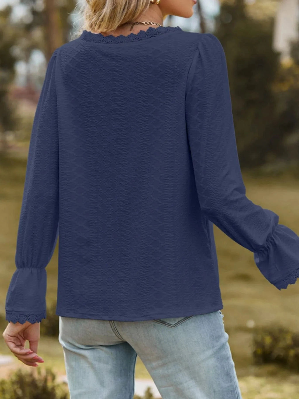 Lace Trim V - Neck Blouse with Flounce Sleeves - ShalayeFashion