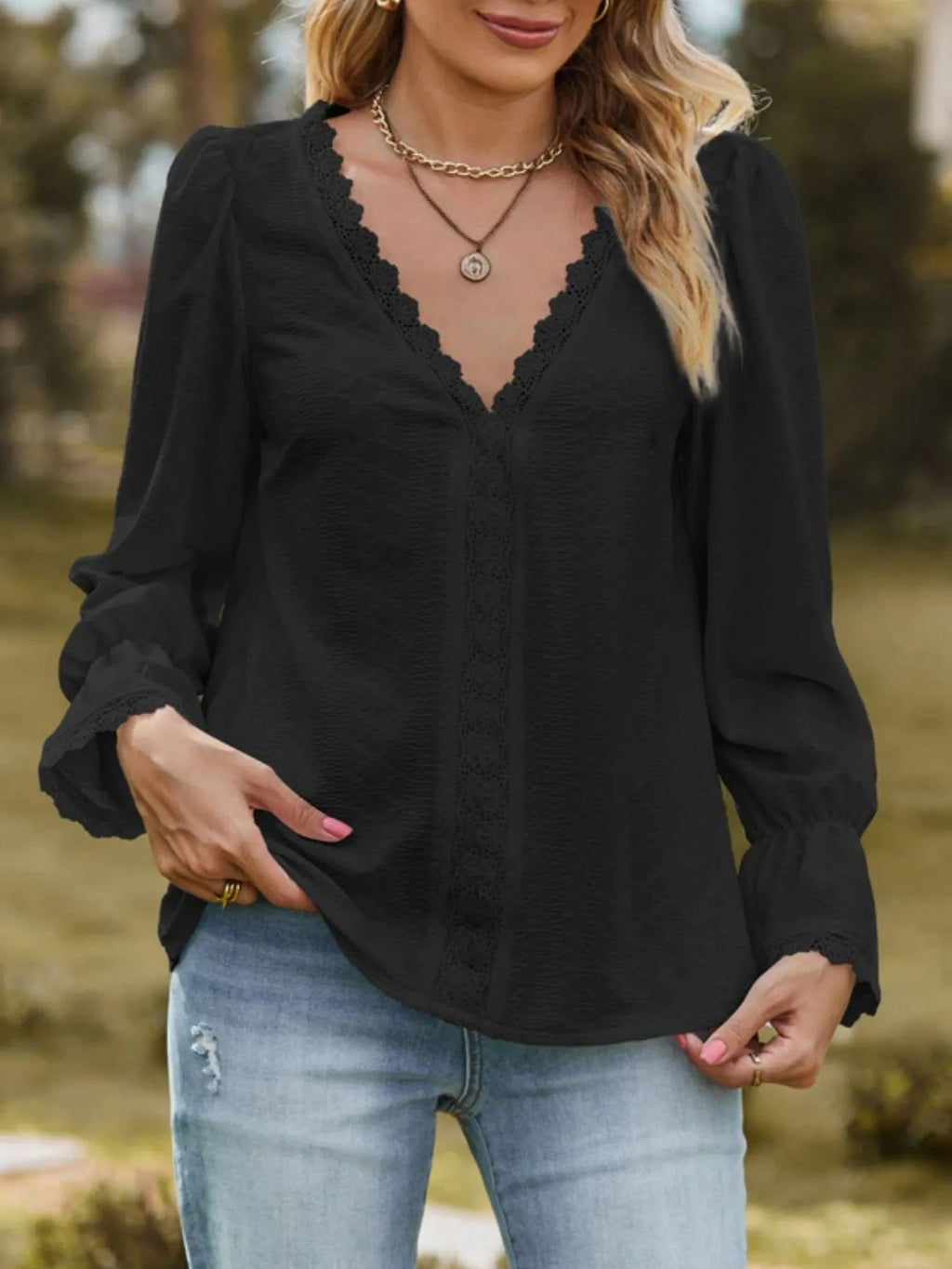 Lace Trim V - Neck Blouse with Flounce Sleeves - ShalayeFashion