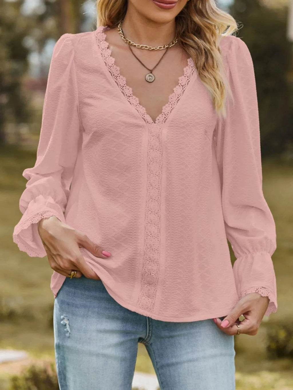 Lace Trim V - Neck Blouse with Flounce Sleeves - ShalayeFashion