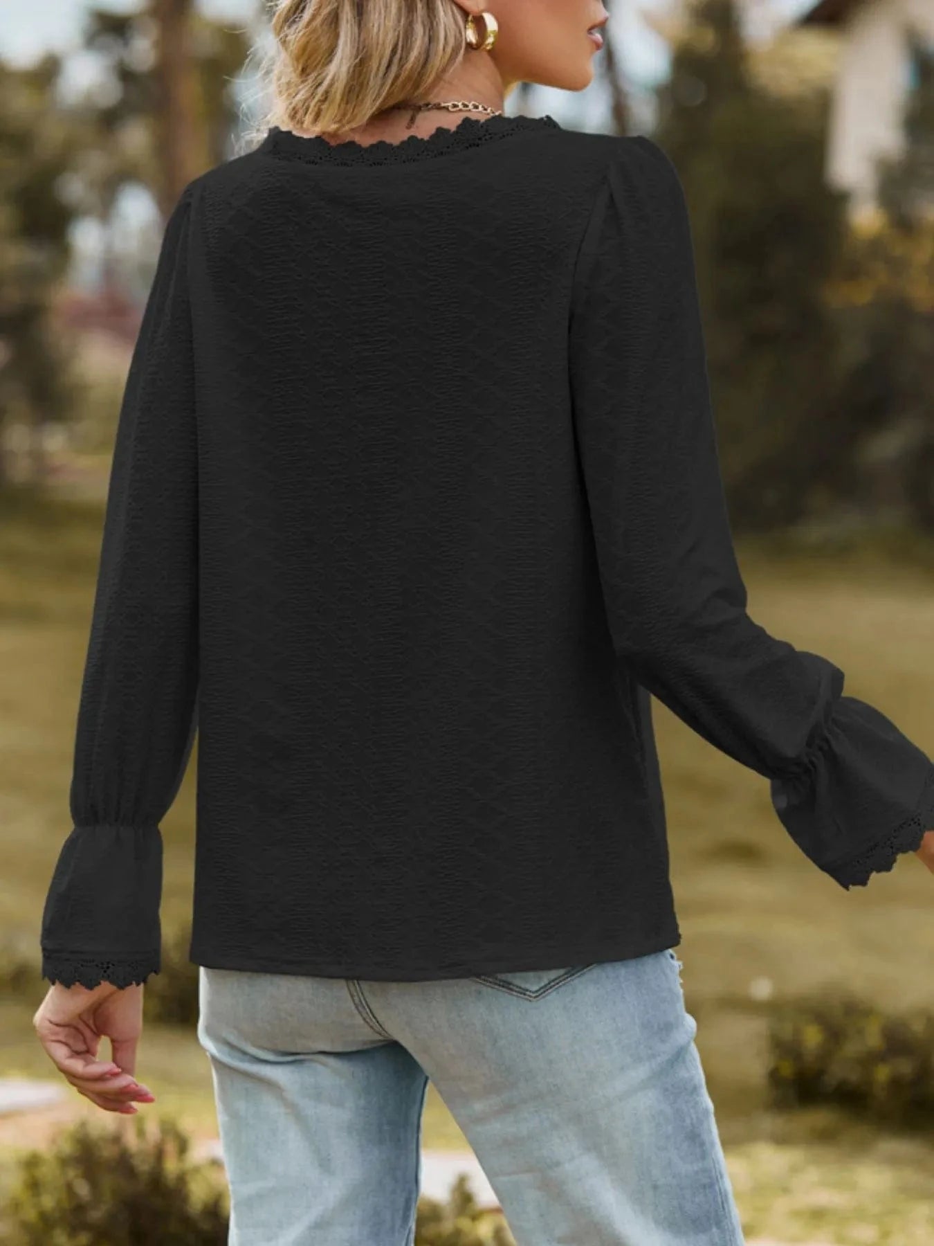 Lace Trim V - Neck Blouse with Flounce Sleeves - ShalayeFashion