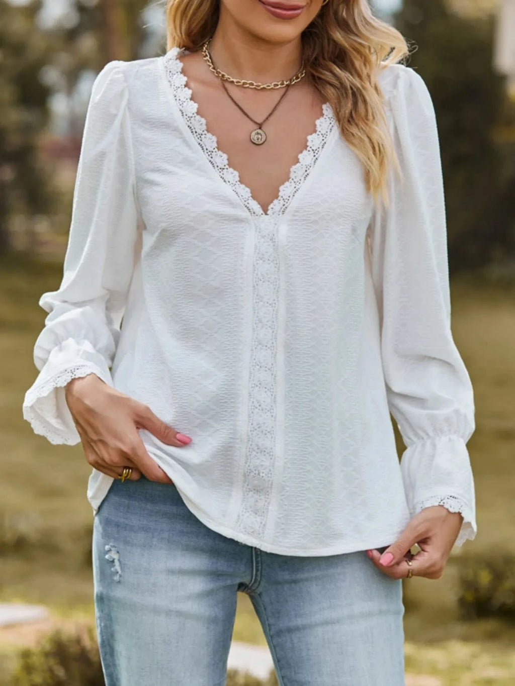 Lace Trim V - Neck Blouse with Flounce Sleeves - ShalayeFashion