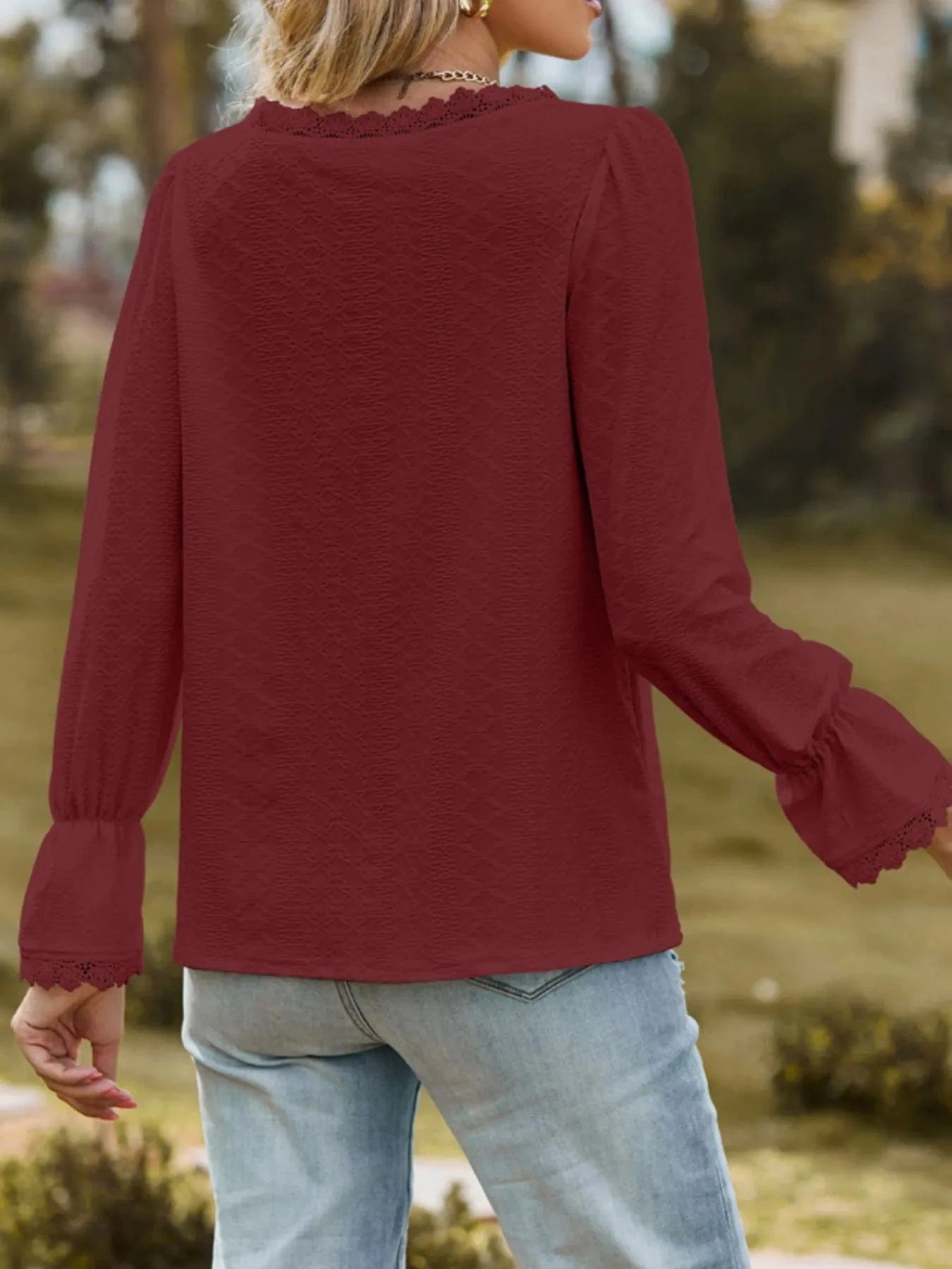 Lace Trim V - Neck Blouse with Flounce Sleeves - ShalayeFashion