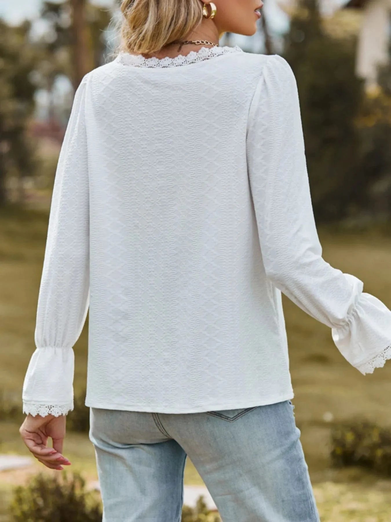 Lace Trim V - Neck Blouse with Flounce Sleeves - ShalayeFashion