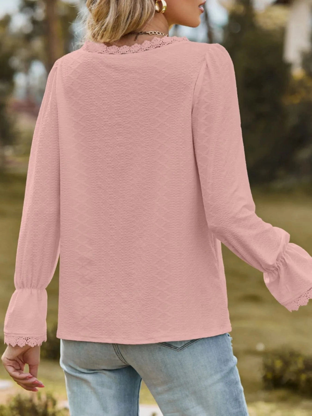 Lace Trim V - Neck Blouse with Flounce Sleeves - ShalayeFashion
