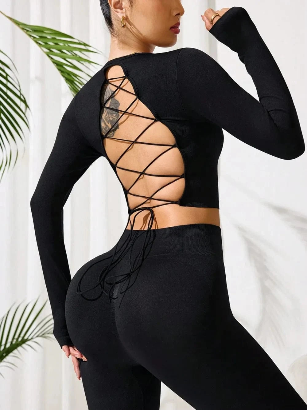 Lace - Up Back Round Neck Top and Leggings Active Set - ShalayeFashion