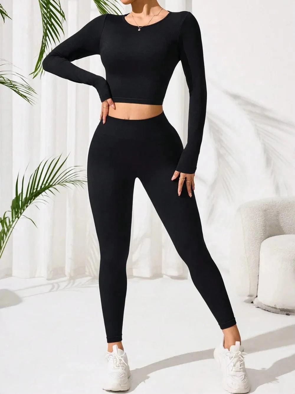 Lace - Up Back Round Neck Top and Leggings Active Set - ShalayeFashion