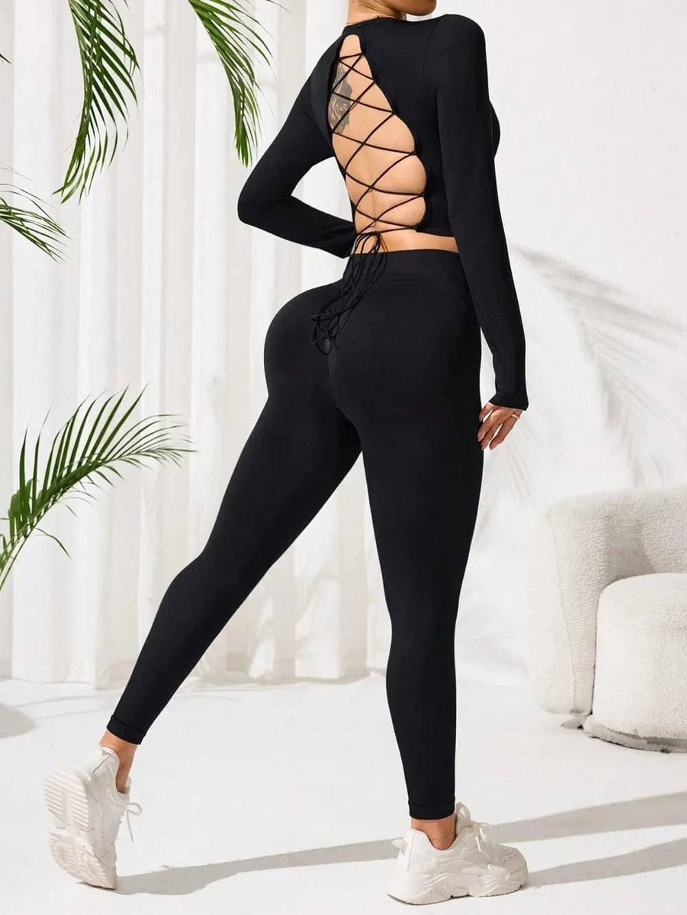 Lace - Up Back Round Neck Top and Leggings Active Set - ShalayeFashion