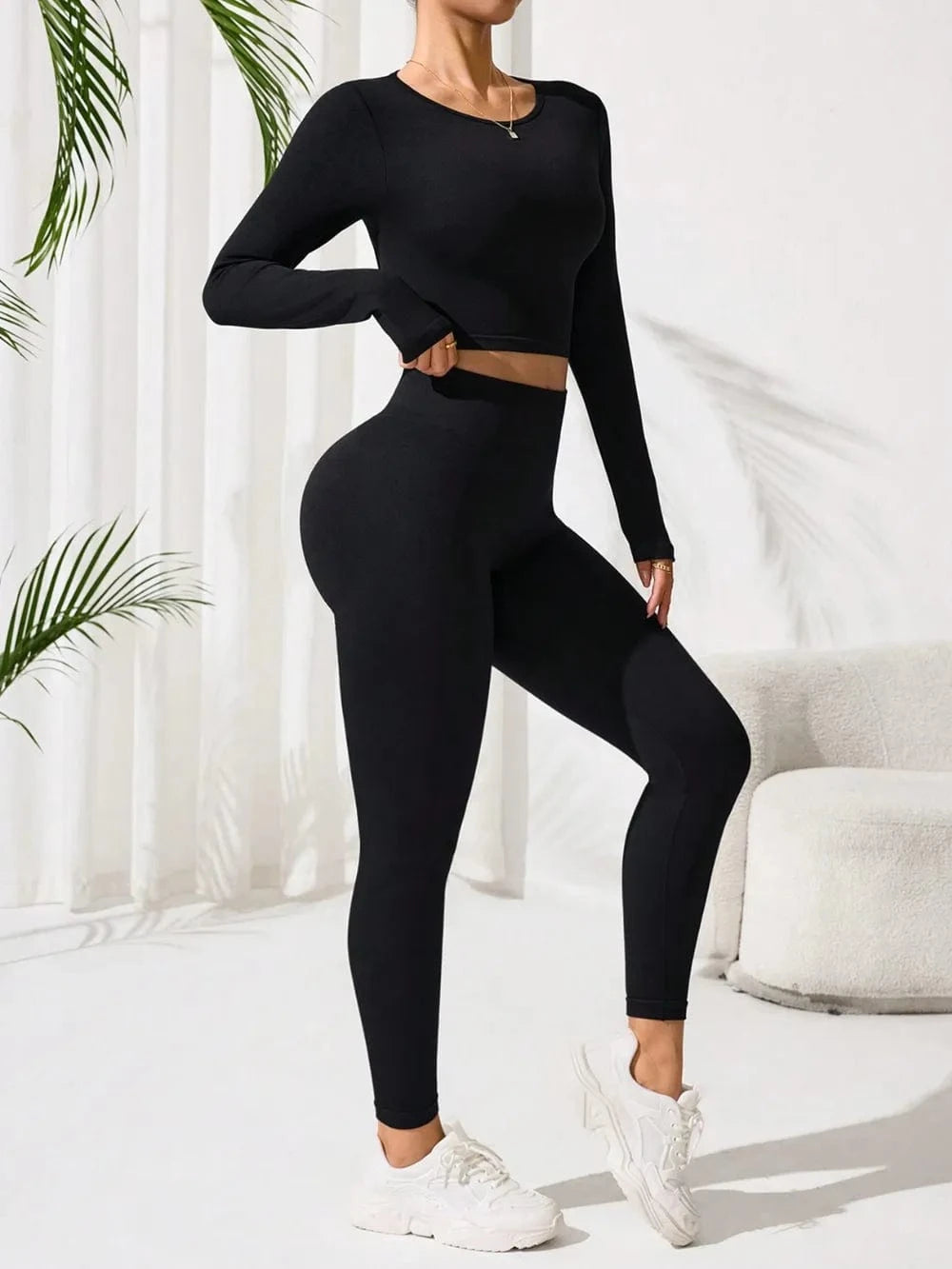 Lace - Up Back Round Neck Top and Leggings Active Set - ShalayeFashion