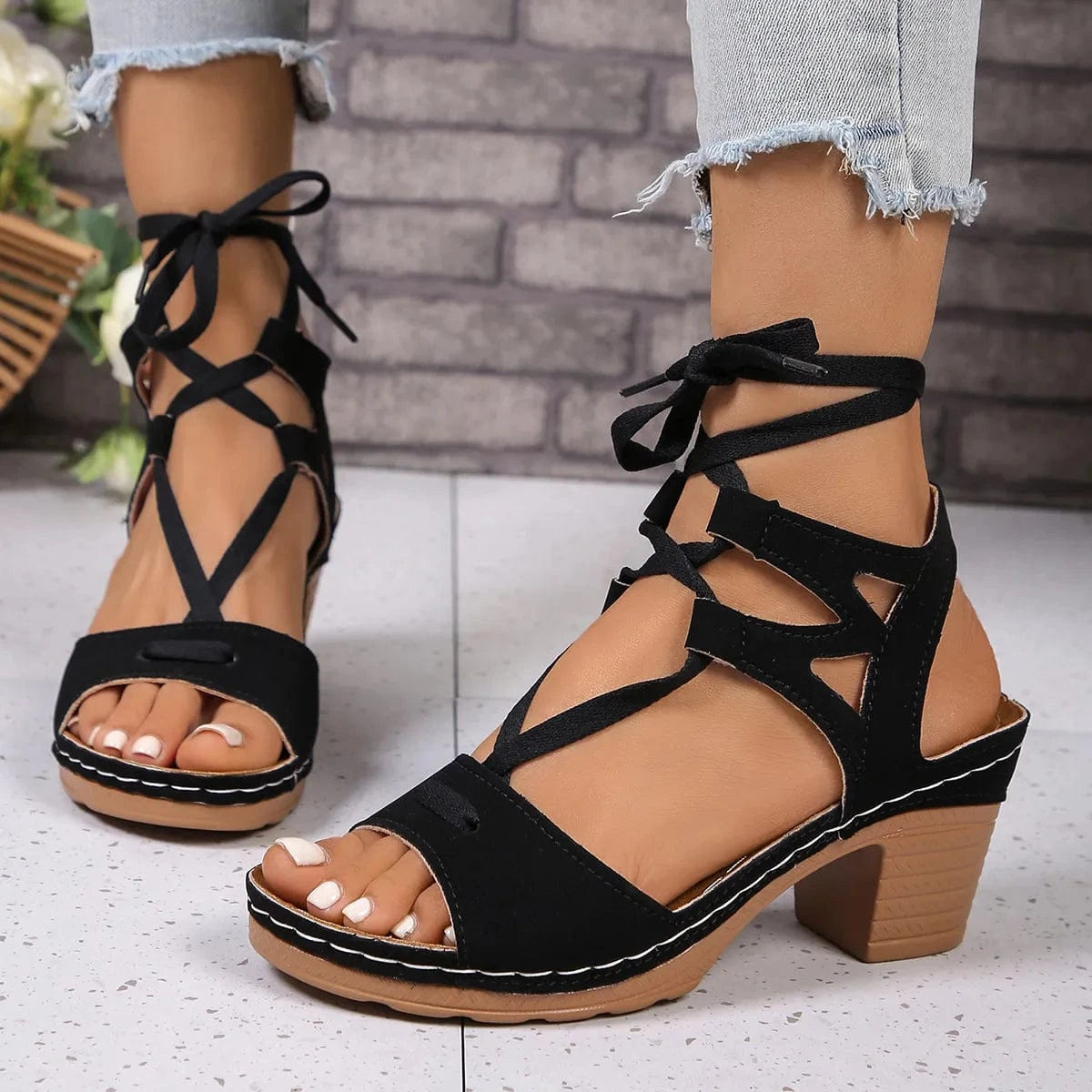 Lace - Up Block Heel Sandals - ShalayeFashion