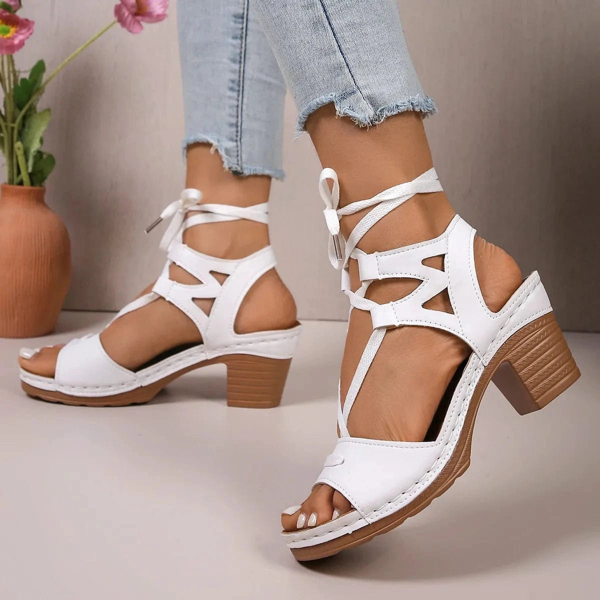 Lace - Up Block Heel Sandals - ShalayeFashion