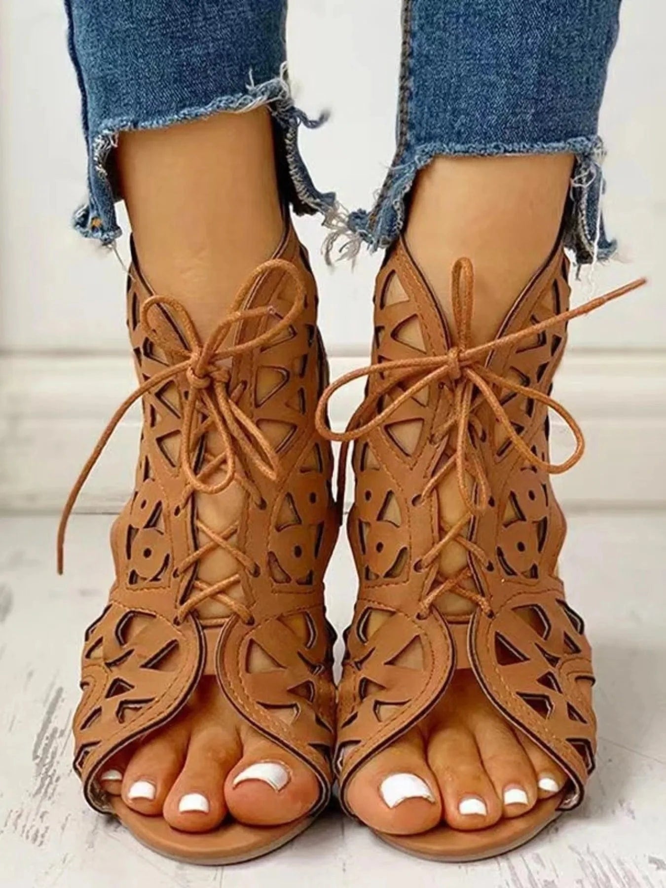 Lace - Up Geometric Cutout Sandals - ShalayeFashion