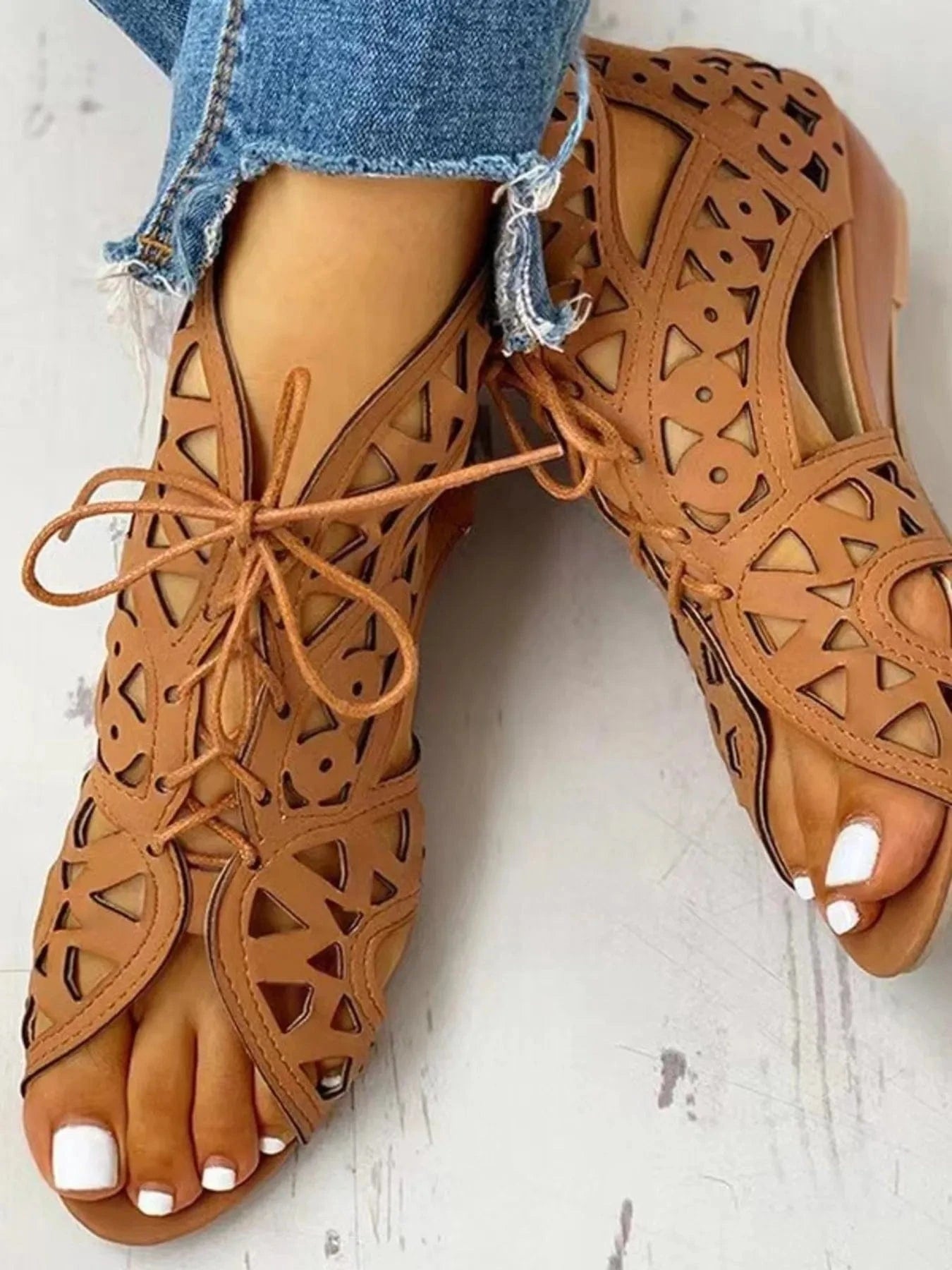 Lace - Up Geometric Cutout Sandals - ShalayeFashion