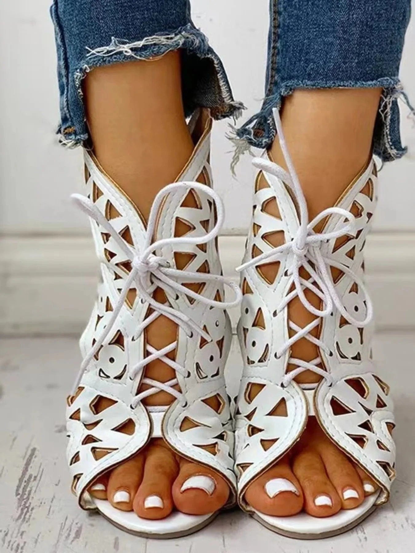 Lace - Up Geometric Cutout Sandals - ShalayeFashion