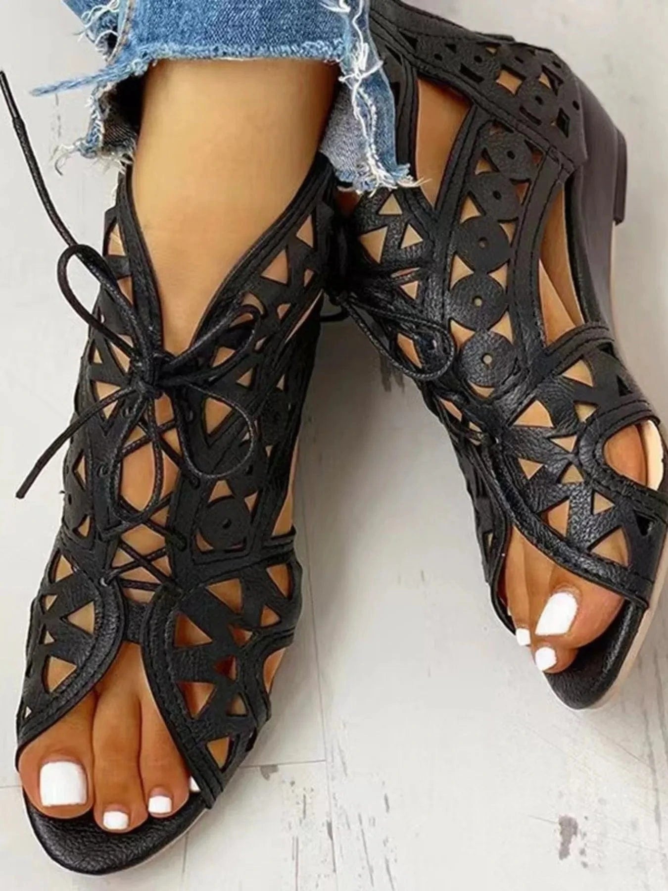 Lace - Up Geometric Cutout Sandals - ShalayeFashion