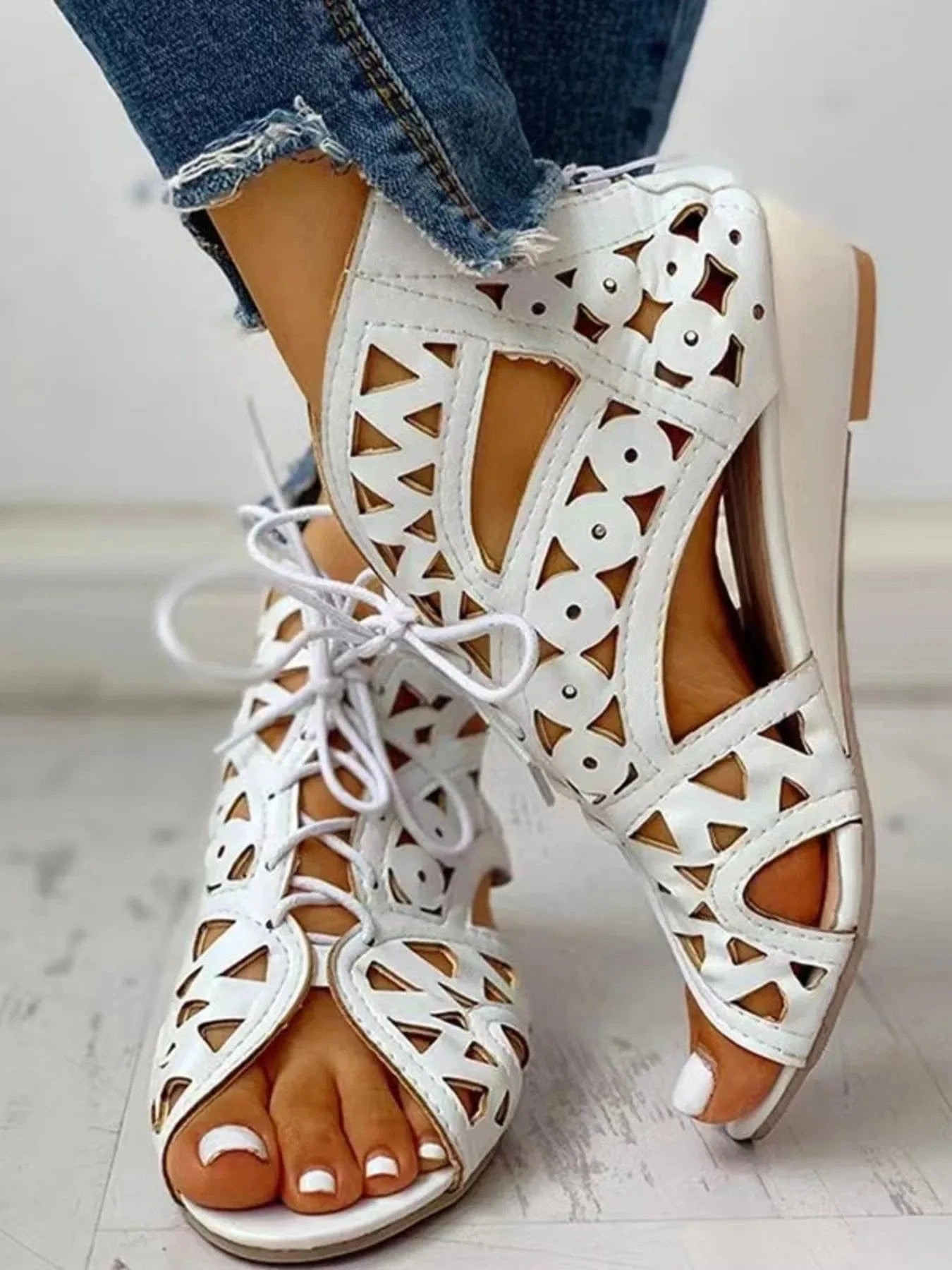 Lace - Up Geometric Cutout Sandals - ShalayeFashion