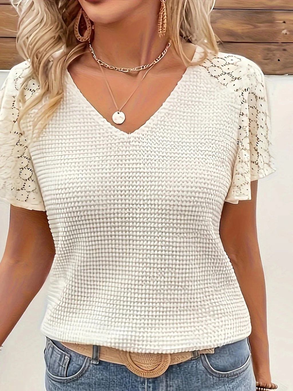 Lace V - Neck Flutter Sleeve Top - ShalayeFashion