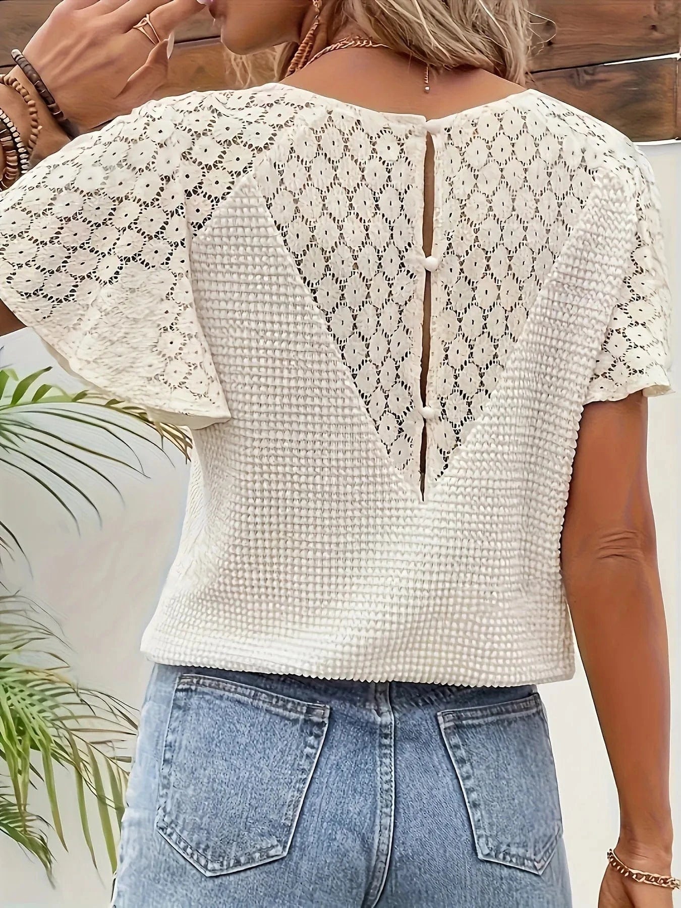Lace V - Neck Flutter Sleeve Top - ShalayeFashion