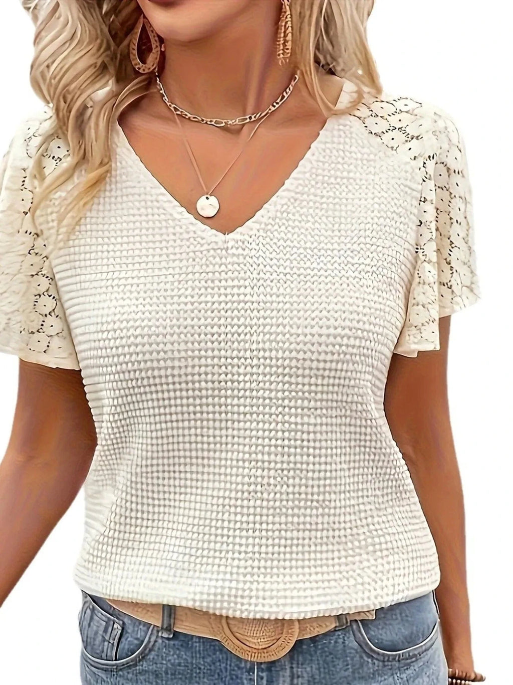 Lace V - Neck Flutter Sleeve Top - ShalayeFashion