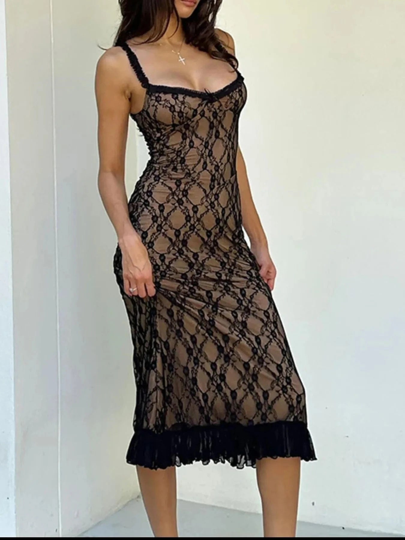 Lace V - Neck Midi Cami Dress - ShalayeFashion