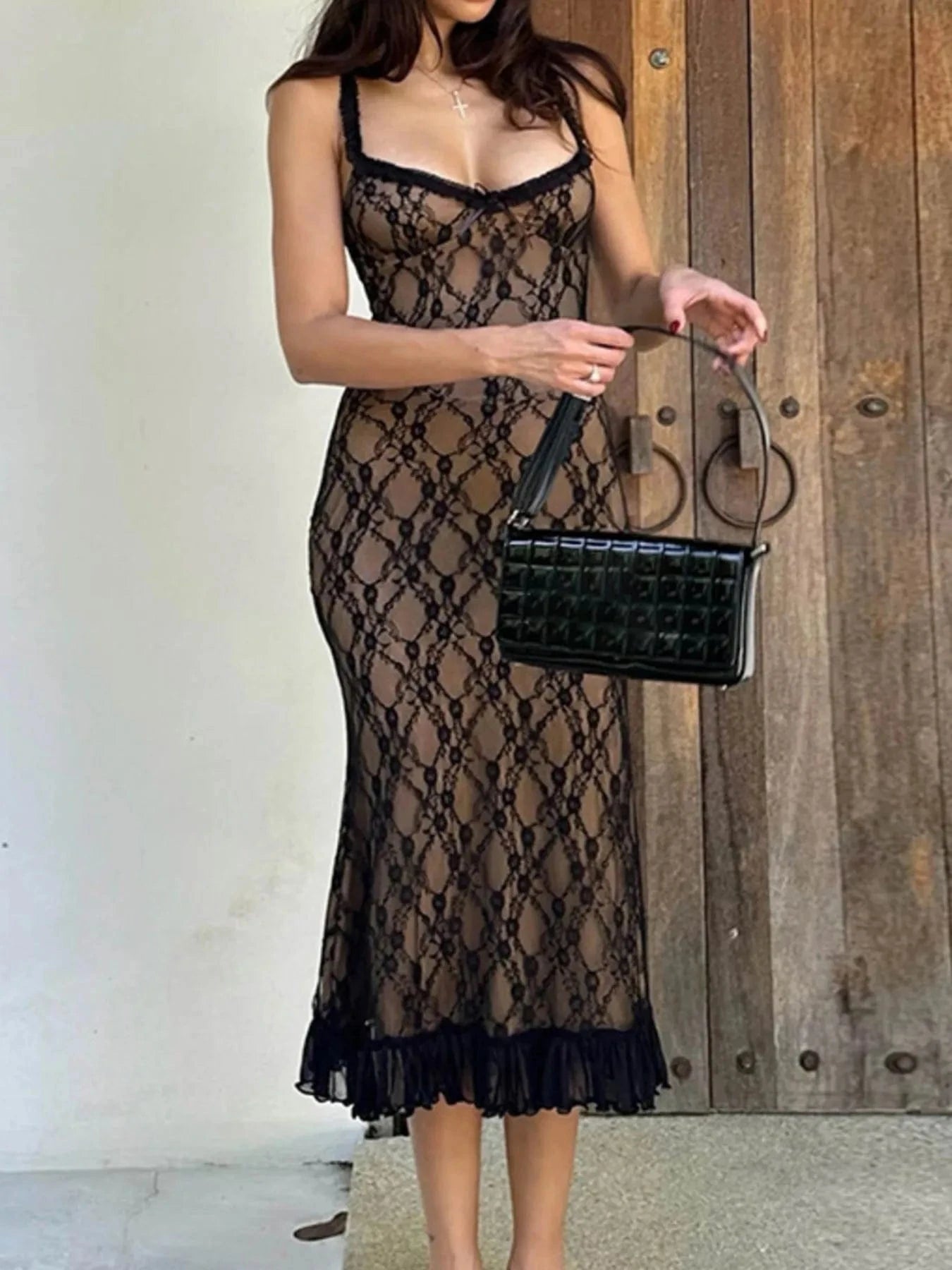 Lace V - Neck Midi Cami Dress - ShalayeFashion