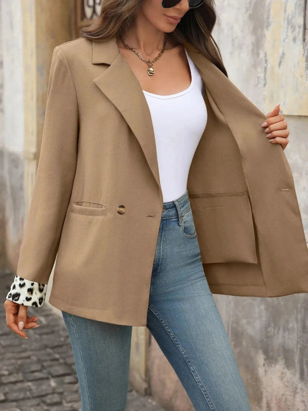 Lapel Collar Leopard Cuff Long Sleeve Blazer - ShalayeFashion