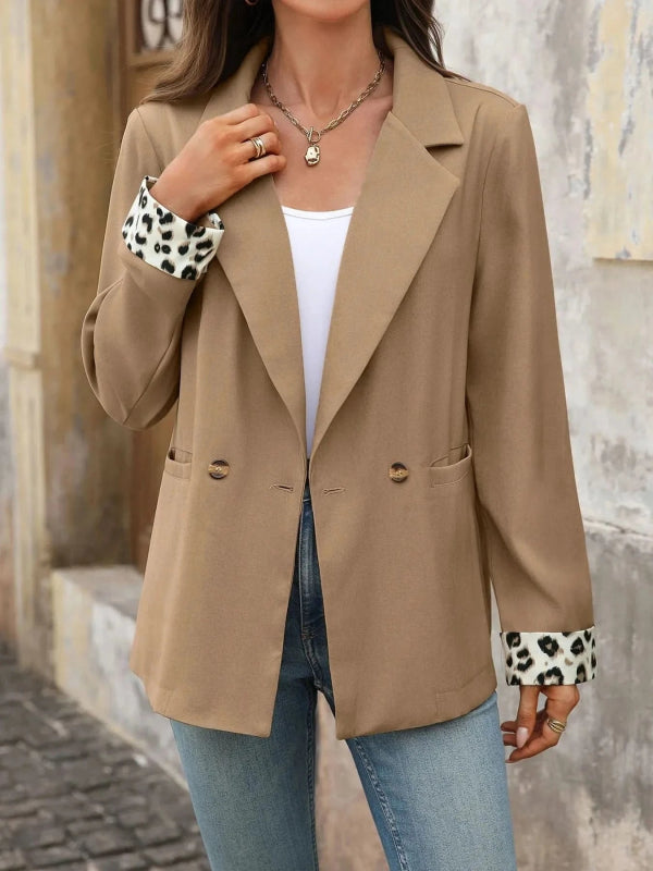 Lapel Collar Leopard Cuff Long Sleeve Blazer - ShalayeFashion