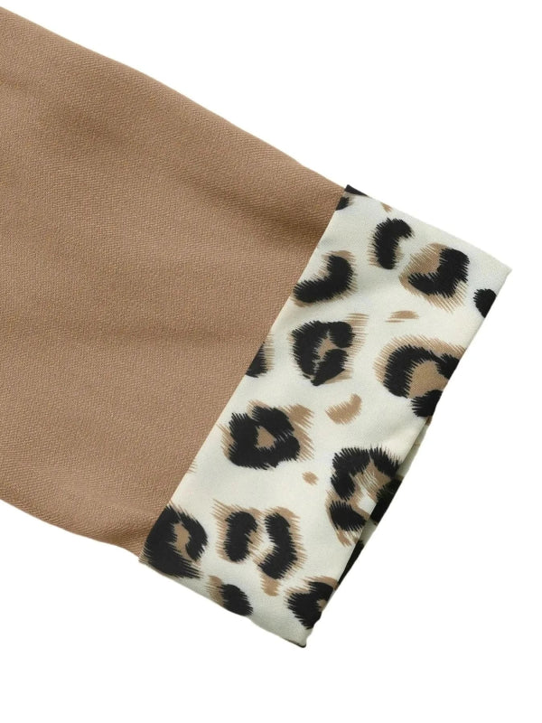 Lapel Collar Leopard Cuff Long Sleeve Blazer - ShalayeFashion