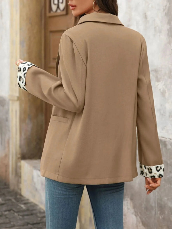 Lapel Collar Leopard Cuff Long Sleeve Blazer - ShalayeFashion
