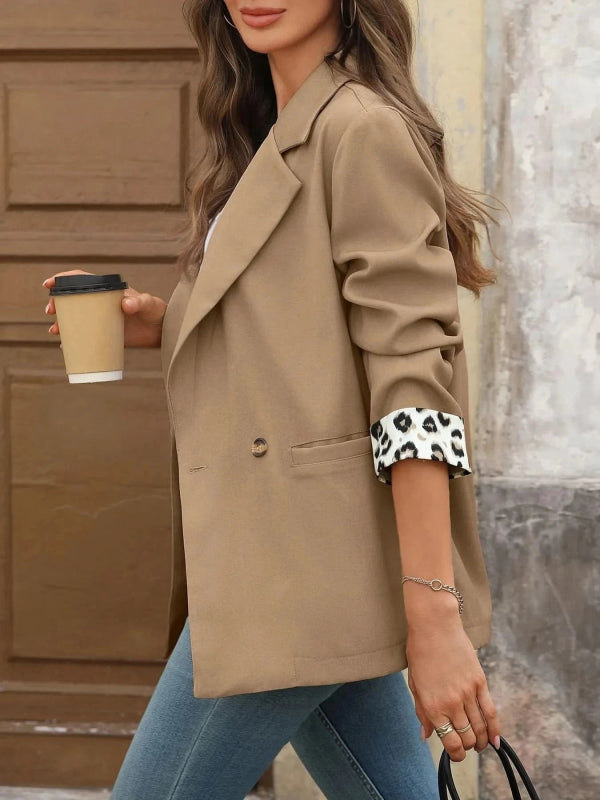 Lapel Collar Leopard Cuff Long Sleeve Blazer - ShalayeFashion