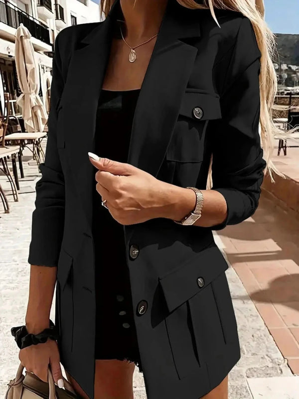 Lapel Collar Long Sleeve Blazer - ShalayeFashion