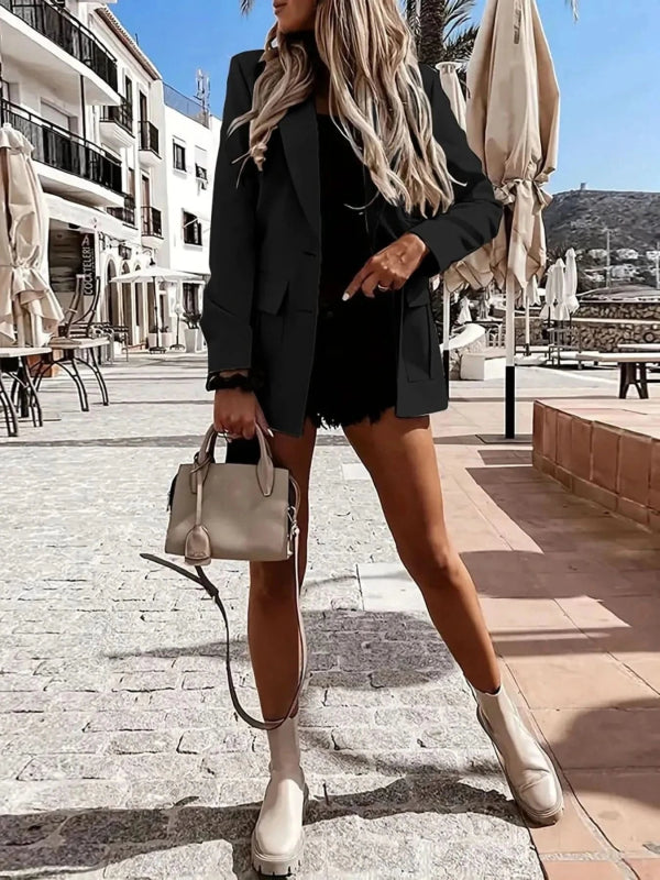 Lapel Collar Long Sleeve Blazer - ShalayeFashion