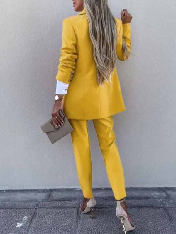Lapel Collar Long Sleeve Blazer and Pants Set - ShalayeFashion