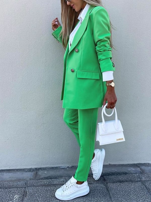 Lapel Collar Long Sleeve Blazer and Pants Set - ShalayeFashion