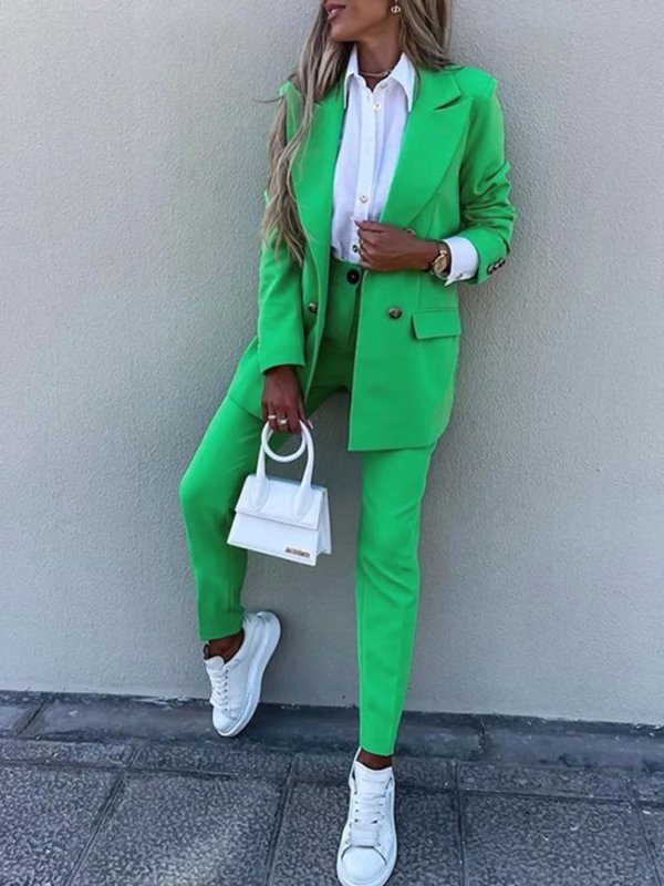 Lapel Collar Long Sleeve Blazer and Pants Set - ShalayeFashion
