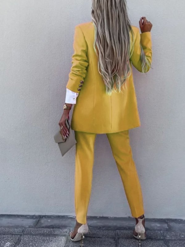 Lapel Collar Long Sleeve Blazer and Pants Set - ShalayeFashion