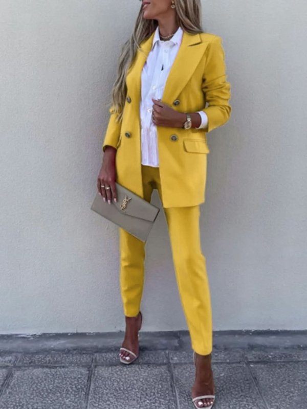 Lapel Collar Long Sleeve Blazer and Pants Set - ShalayeFashion