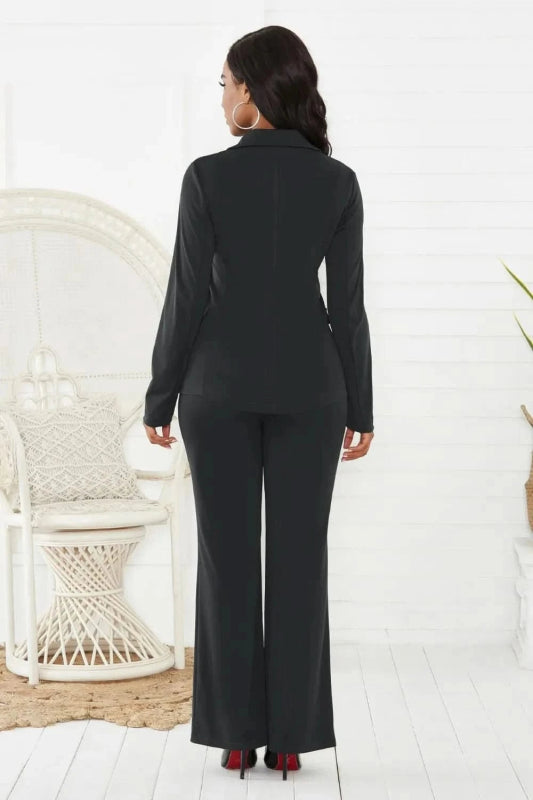 Lapel Collar Long Sleeve Blazer and Pants Set - ShalayeFashion