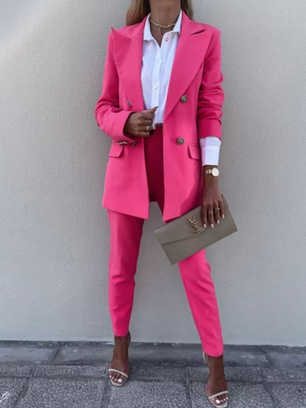 Lapel Collar Long Sleeve Blazer and Pants Set - ShalayeFashion