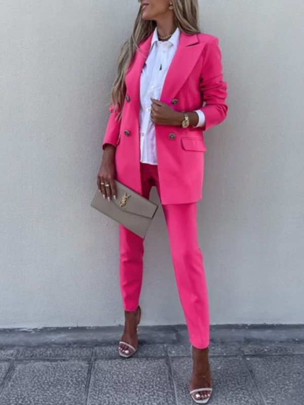 Lapel Collar Long Sleeve Blazer and Pants Set - ShalayeFashion